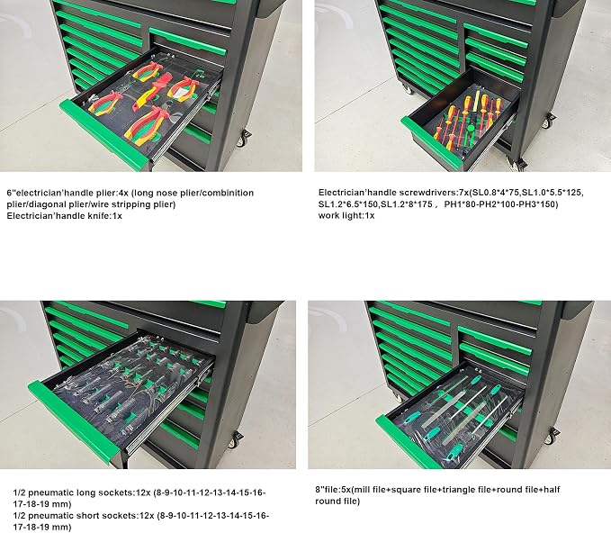 14-Drawers Rolling Tool Chest with Wood Workbench,Brake Casters,Lock & Key,Heavy-Duty Steel Tool Cabinet Storage, for Home,Garbge or Workshop Use (14 Drawer + 348 Pieces Tools)