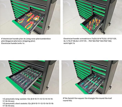 14-Drawers Rolling Tool Chest with Wood Workbench,Brake Casters,Lock & Key,Heavy-Duty Steel Tool Cabinet Storage, for Home,Garbge or Workshop Use (14 Drawer + 348 Pieces Tools)