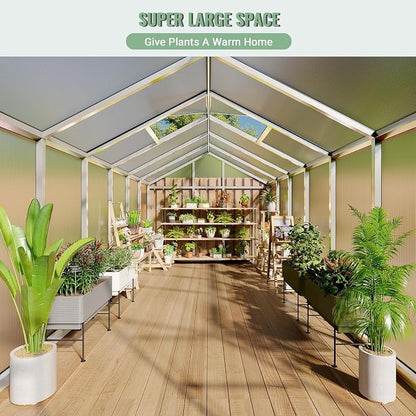 8X12 FT Greenhouse, Greenhouses for Outside, Aluminum Frame Polycarbonate Panels with Sliding Lockable Door and Ajustable Roof Vent, Spacious Walk-in Design for Backyard, Garden, Patio, Silver