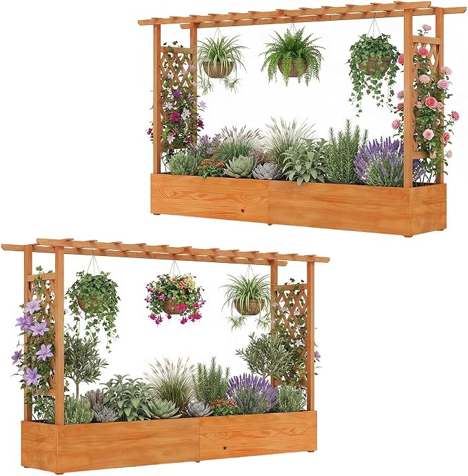 HAPPYGRILL Raised Garden Bed with Trellis, 2 Pack Freestanding Wood Planter Box w/Hanging Roof & 8 Drainage Holes for Vine Climbing Plants Flowers, Outdoor Planter with Trellis for Garden Patio Yard