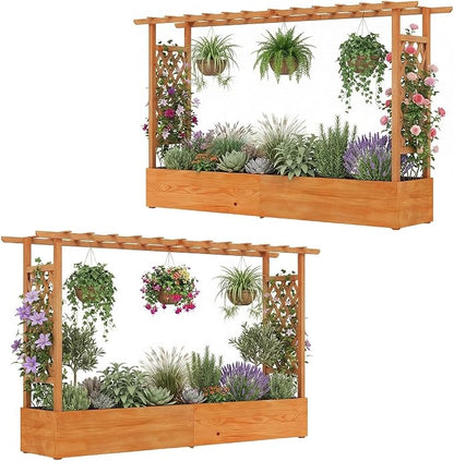 HAPPYGRILL Raised Garden Bed with Trellis, 2 Pack Freestanding Wood Planter Box w/Hanging Roof & 8 Drainage Holes for Vine Climbing Plants Flowers, Outdoor Planter with Trellis for Garden Patio Yard