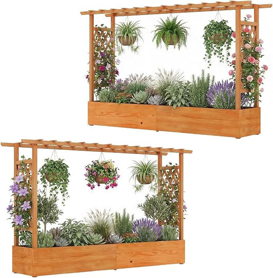 HAPPYGRILL Raised Garden Bed with Trellis, 2 Pack Freestanding Wood Planter Box w/Hanging Roof & 8 Drainage Holes for Vine Climbing Plants Flowers, Outdoor Planter with Trellis for Garden Patio Yard