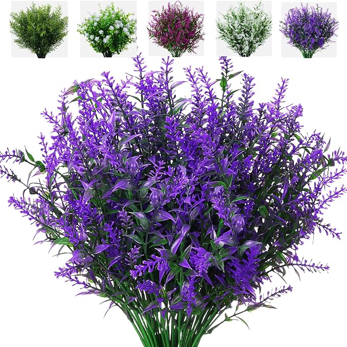 XLFAQXM 8 Pack Artificial Plants Flowers Grass Shrubs Lavender No Fade Faux Plastic Flowers Outdoor for Farmhouse Garden Porch Patio Indoor Wedding Decoration Greenery Fake Plants uv Resistant