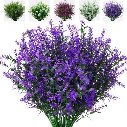 XLFAQXM 8 Pack Artificial Plants Flowers Grass Shrubs Lavender No Fade Faux Plastic Flowers Outdoor for Farmhouse Garden Porch Patio Indoor Wedding Decoration Greenery Fake Plants uv Resistant