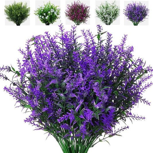 XLFAQXM 8 Pack Artificial Plants Flowers Grass Shrubs Lavender No Fade Faux Plastic Flowers Outdoor for Farmhouse Garden Porch Patio Indoor Wedding Decoration Greenery Fake Plants uv Resistant
