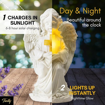 TIALLY Solar Angel Garden Statue with Glowing Cross – Large Angel Figurines with Soft Glow, Weatherproof Outdoor Statues for Memorial Decor, Yard, Lawn or Cemetery Use, Angels Gifts for Women