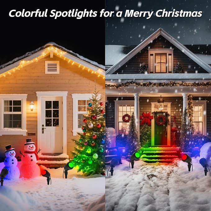 Spotlight Outdoor – 120V Plug-in, 2700K Warm White LED Landscape Spot Lights with RGB 3 Lenses for Yard, Garden, Lawn&Tree Decor, IP67 Waterproof, Perfect for Holidays&Everyday (4 Pack, Black)