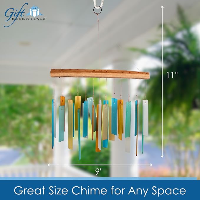 Caribbean Beach Glass Driftwood Wind Chime, Coastal Decor, 11 Inch | Turquoise Beach Colors; Driftwood Accent; Tropical Coastal Decor; Handcrafted Chime