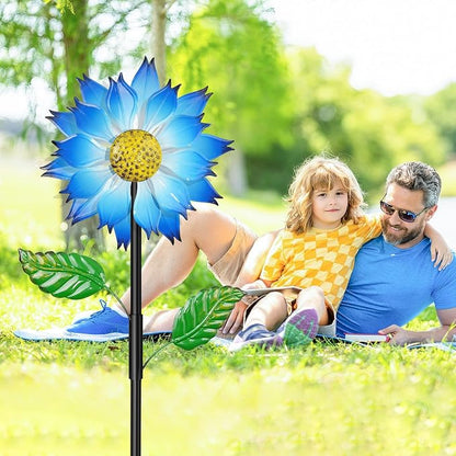 Blue Flower Metal Wind Spinner, 63.4" Kinetic Large Wind Sculptures with 5 Prong Anti-Tip Ground Stake, All Weather Kinetic Yard Art Decor for Lawn Garden Patio Outside Ornament