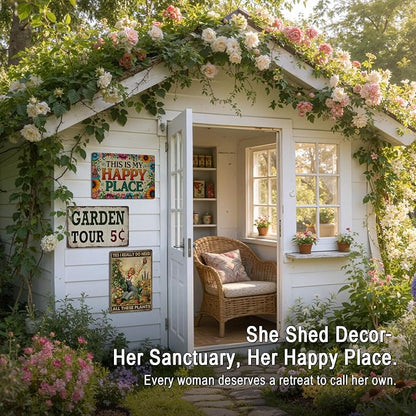 Funny Garden Wall Art Decor This Is My Happy Place Tin Sign | Gardening Gifts for Women Plant Lovers Garden Patio She Shed Fence Decor Metal Welcome Sign 12x8 Inch Weather-proof Aluminum