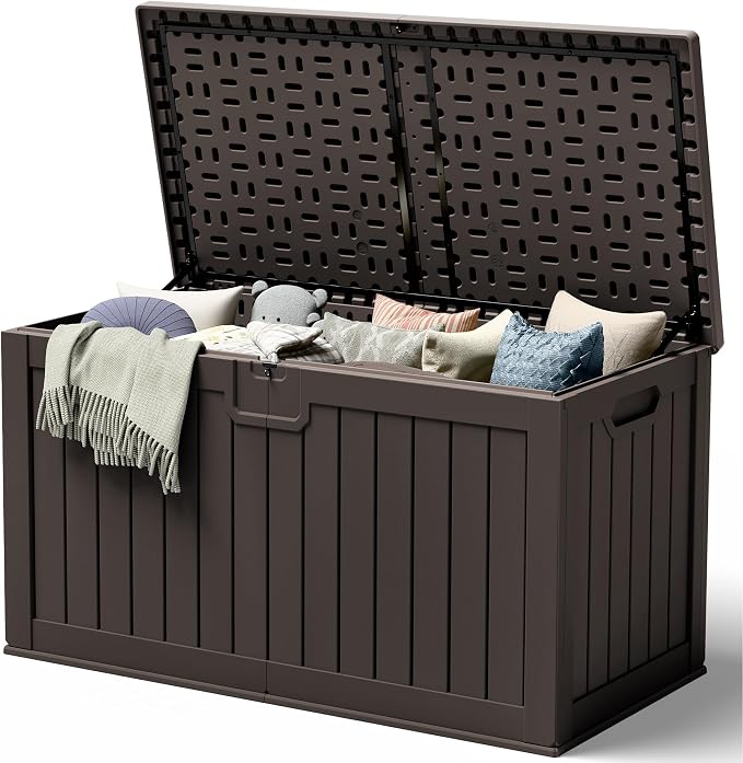 240 Gallon HDPE Deck Box Outdoor Indoor Waterproof Storage Box for Patio Furniture, Pool Accessories, Garden Tools, and Cushion Storage, Brown