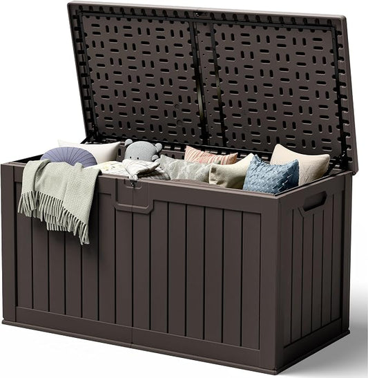 240 Gallon HDPE Deck Box Outdoor Indoor Waterproof Storage Box for Patio Furniture, Pool Accessories, Garden Tools, and Cushion Storage, Brown