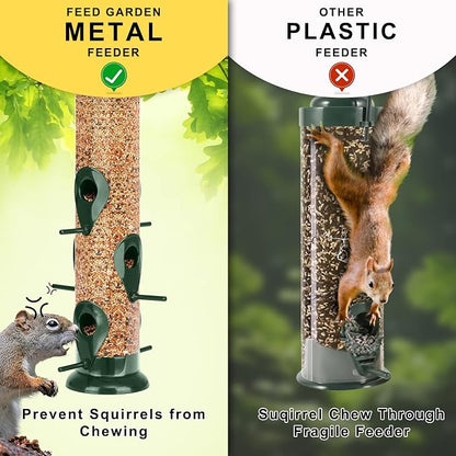 FEED GARDEN Metal Bird Feeder - 6 Port Tube Feeder for Outdoors, Heavy Duty Squirrel Proof with Metal Lid, Easy Fill & Clean, Weather Resistant, 13 Inch 2 Pack