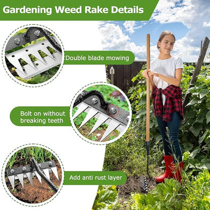 Gardenia Iron Weeding Rake, 2.0 Iron Weeding Rake with Long Handle, 6 Teeth Heavy Duty Weed Puller Tools for Gardening, Weedings ,Lawn