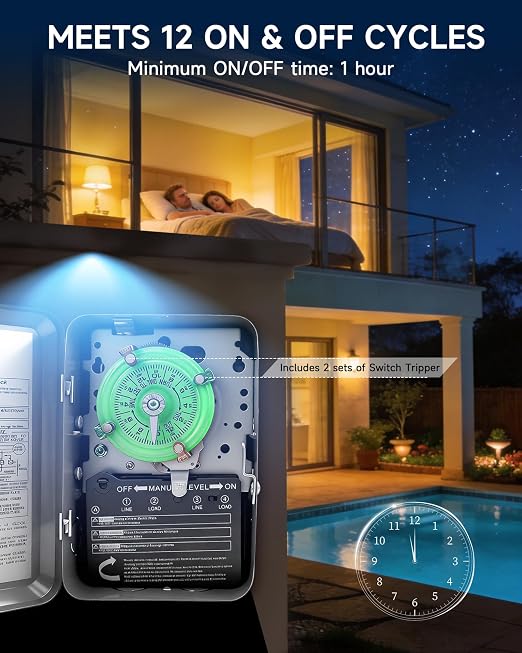 T104M Mechanical Pool Timer Switch Mechanism Only 208–277 V, 40 A, DPST | Suitable for pool pumps, cleaning pumps, HVAC fans, and water heaters. 12 on/off cycles daily; 5 years support.