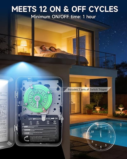 T104M Mechanical Pool Timer Switch Mechanism Only 208–277 V, 40 A, DPST | Suitable for pool pumps, cleaning pumps, HVAC fans, and water heaters. 12 on/off cycles daily; 5 years support.