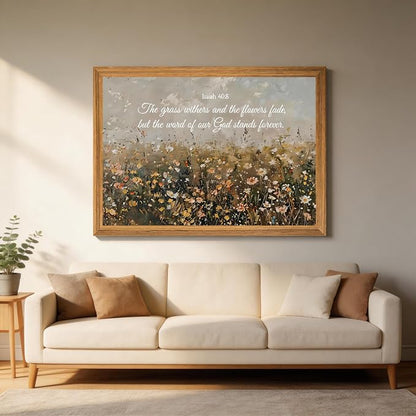 smvexyl Framed Christian Bible Verse Wall Art Canvas, Isaiah 40:8 Scripture Wildflower Meadow Painting Religious Wall Decor Faith Inspirational Picture for Living Room Bedroom Home Decoration 8x10 12x16 16x24