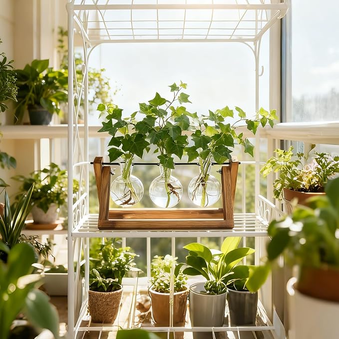 Renmxj Plant Propagation Station, Plant Terrarium with Wooden Stand | Unique Gardening Birthday Gifts for Women Plants Lovers, Home Office Garden Decor Planter - 3 Bulb Glass Vases