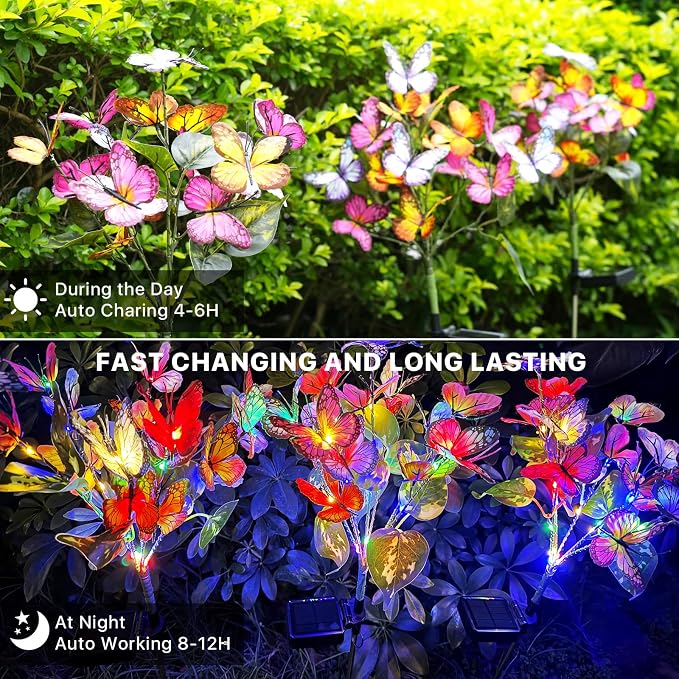 Adecorty Solar Garden Lights Outdoor Waterproof Decorative Solar Lights Outdoor 2 Pack with 44 LED 34 Butterfly Flower Garden Decor Yard Patio Lawn, Gifts for Mother's Day Mom Women