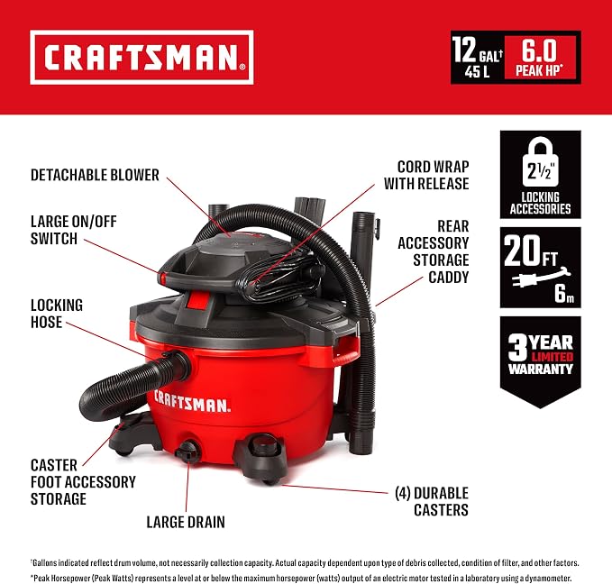 CRAFTSMAN CMXEVBE17606 12 Gal. 6.0 Peak HP Wet Dry Vac with Detach Blower | Portable Shop Vacuum Wet and Dry with Filter, Dust Bag, Hose and Attachments for Garage, Outdoor Cleaning