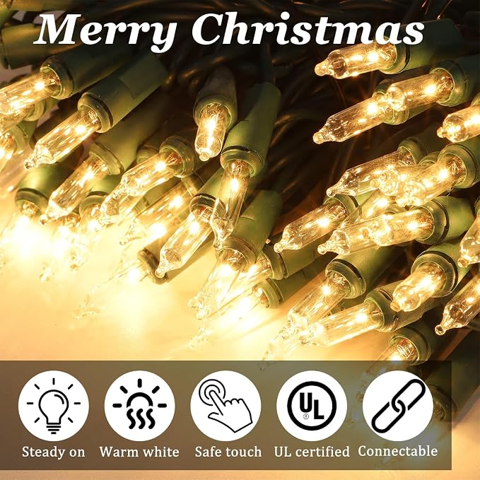 Warm White Christmas Lights Outdoor, 50FT 200 Count Incandescent Mini Christmas Lights Green Wire, Waterproof Fairy Lights, Connectable Xmas String Lights for Christmas Tree, Garland, Wedding Decor