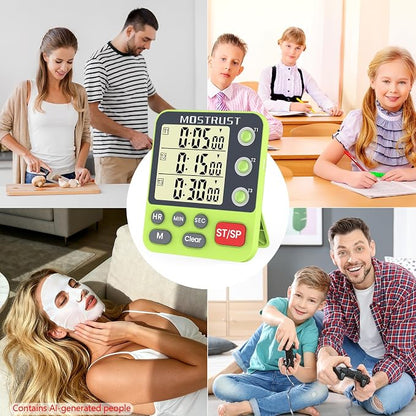 Digital Dual Kitchen Timer, 3 Channels Countdown Triple Timer for Cooking, Magnetic Memory-Preset Large-Display Adjustable Alarm Volume, Multi Times Management, 3A Battery Included, Green