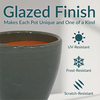 Sunnydaze Resort Round Ceramic Planter - Set of 2 Indoor or Outdoor Plant Pots with Drainage Hole - 8" - Gray Glaze