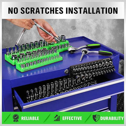SWANLAKE 4-Piece Magnetic Socket Organizer Set, Metric & SAE Socket Holder Set Includes 1/4", 3/8" Drive Sockets Trays, Magnetic Sockets Organizer for Tool Box Drawer