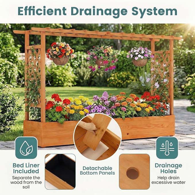 HAPPYGRILL Raised Garden Bed with Trellis, 2 Pack Freestanding Wood Planter Box w/Hanging Roof & 8 Drainage Holes for Vine Climbing Plants Flowers, Outdoor Planter with Trellis for Garden Patio Yard