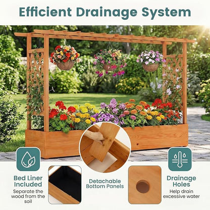 HAPPYGRILL Raised Garden Bed with Trellis, Freestanding Wood Planter Box w/Hanging Roof & 8 Drainage Holes for Vine, Climbing Plants, Flowers, Outdoor Planter with Trellis for Garden, Patio, Yard