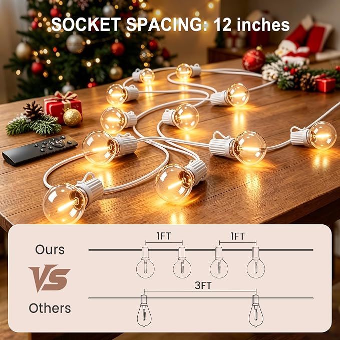 Outdoor-String-Lights with Remote 30FT Waterproof lights for Outside Patio | 12 inch Spacing,White Cord String Lights,Connectable Dimmable Patio Lights with Remote,Timer,3 Modes for Backyard, Bistro