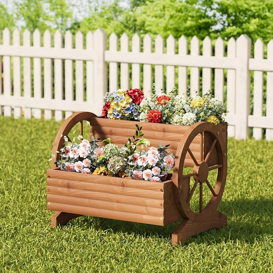 Wooden Wagon Planter with Wheels, Brown, Large | Flower Pots Outdoor Flower Cart, For Patio Balcony Decoration, Succulent Flower Pot, Indoor Backyard Yard Decor