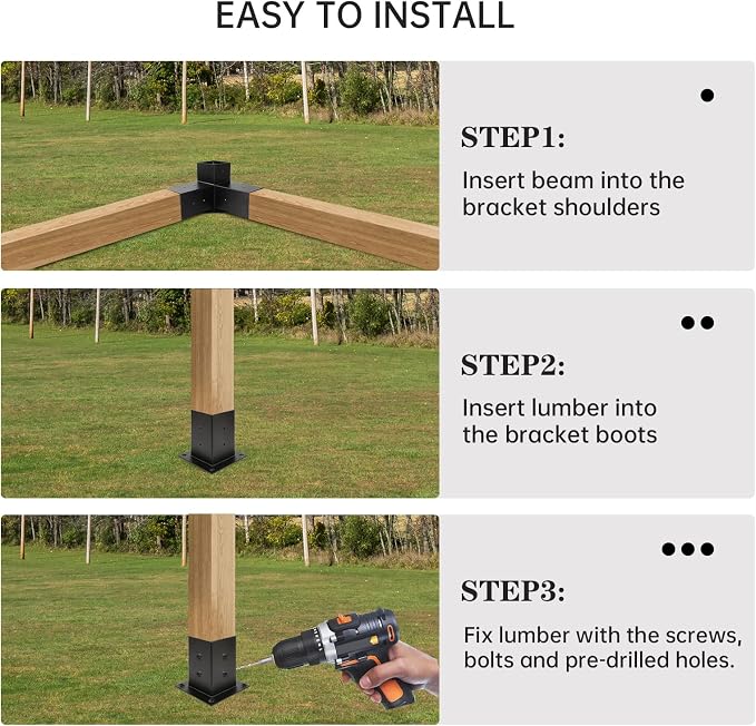 Pergola Kit, Pergola Brackets 3-Way Right Angle Corner Bracket Woodworks DIY Post Base Kit, Wooden Beams for Gazebos Patio Pergolas Log Cabin