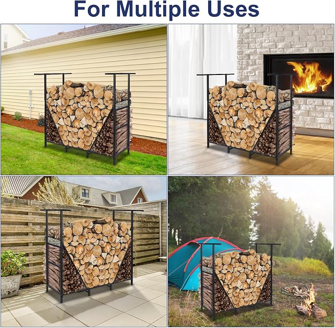HONEST OUTFITTERS 4ft Firewood Rack Outdoor, Adjustable Heavy Duty Firewood Holder, Adjustable Wood Racks for Outdoor Indoor, Metal Log Racks for Firewood with Firewood Bag Carrier, Black