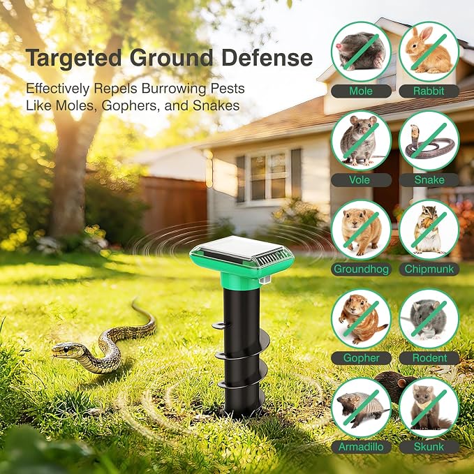 Mole Repellent Solar Powered, Snake Repellent for Yard, Squirrel Repellent Outdoor, Ultrasonic Deterrent Stakes, Get Rid for Gopher, Vole, Deer, Groundhog for Lawns Garden, 4 Pack, Green