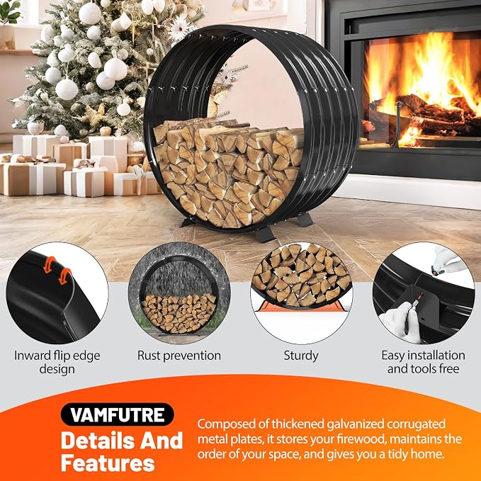 Round Metal Sheet Firewood Rack Indoor by Fireplace/Outdoor Beside Fire Pit -with Metal Legs,Rustproof,Durable & Stylish Firewood Holder (Circle, 32 Inches Diameter)