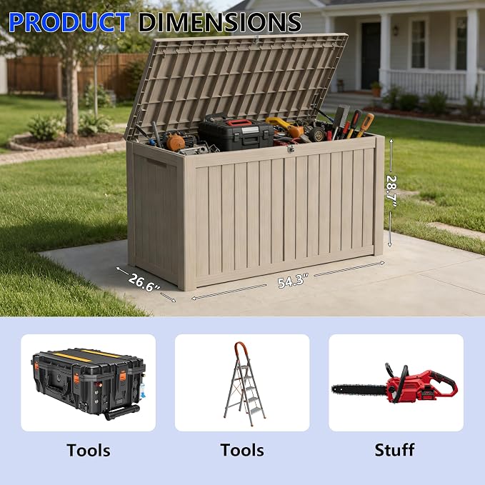 180 Gallon Outdoor Storage Box Resin Deck Box All Weather Waterproof Large Lockable Storage Container Deck Box for Patio Furniture, Garden Tools, Lockable, Grey