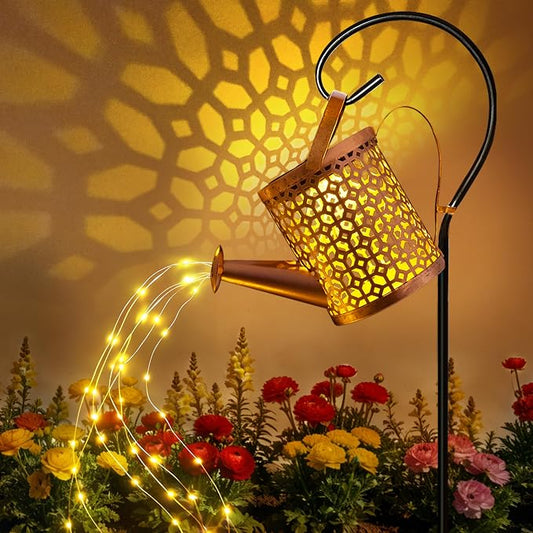 Ollny Solar Watering Can with Cascading Lights Outdoor Garden Decor, Father Day Gifts, Birthday Gifts for Women, IP65 Waterproof 2 Lighting Modes Hanging Lanterns for Yard Patio Lawn (Beehive)