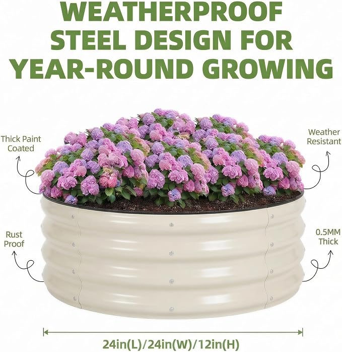 Sponvatt 3 Pcs Round Galvanized Raised Garden Bed Kit 24 x 12 Inch Metal Planter Box Outdoor with Safety Rubber Edge Trim Rust Proof Weather Resistant Circular Steel Garden Beds White 12 Inch Deep