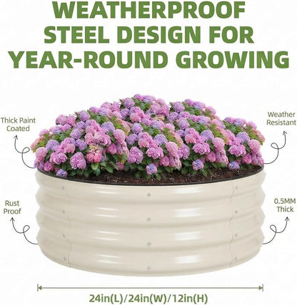 Sponvatt 3 Pcs Round Galvanized Raised Garden Bed Kit 24 x 12 Inch Metal Planter Box Outdoor with Safety Rubber Edge Trim Rust Proof Weather Resistant Circular Steel Garden Beds White 12 Inch Deep