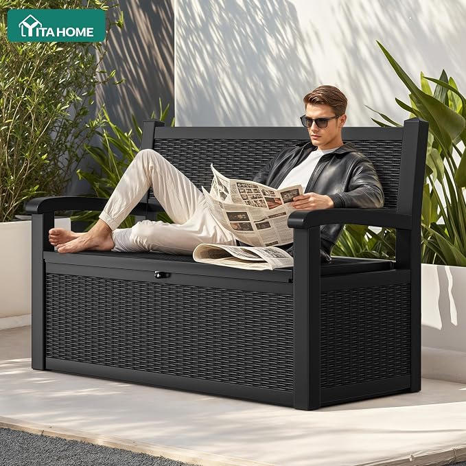 YITAHOME 70 Gallon Deck Bench with Storage | Outdoor Storage Box Bench with Armrests for Patio Garden Pool Porch , Waterproof&Lockable, Black