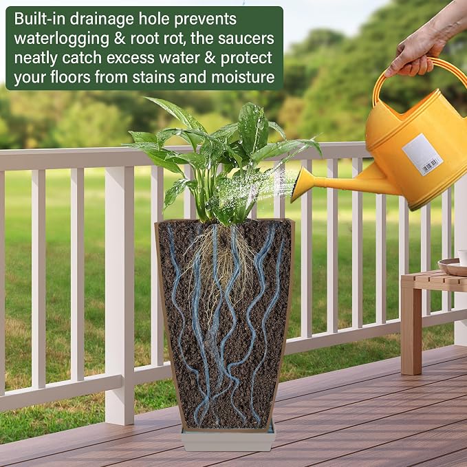Neoaider Set of 2 Tall Planter, 21 inch Large Plastic Planter, Marble | Ceramic-Look, Lightweight, Built-in Drain Hole, Saucers, Tall Outdoor Planter for Porch, Garden, Patio, Balcony