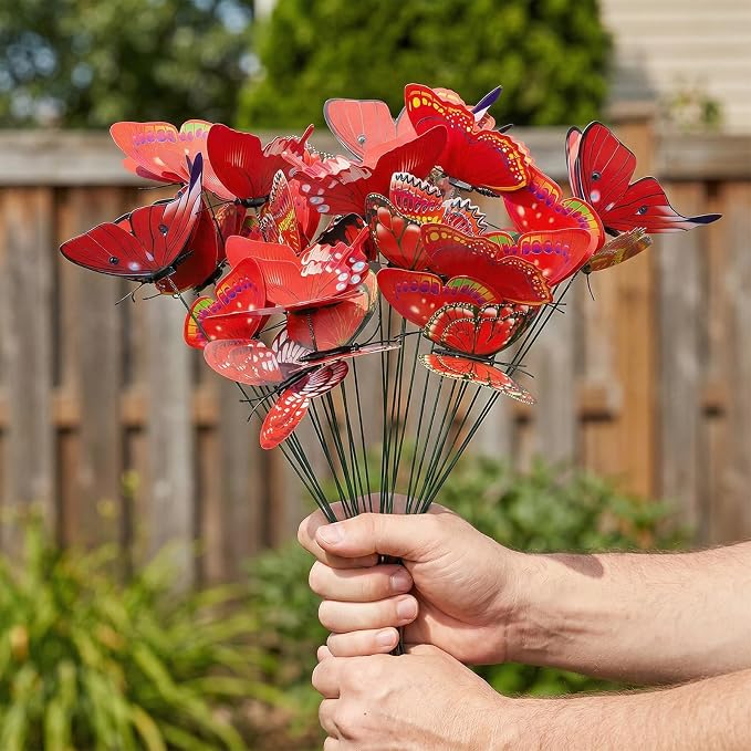 30PCS Red Butterfly Decor Artificial Butterflies for Outdoor Garden Decor | 3D Waterproof Double Layer Butterfly Decorative Garden Stakes for Flower Arrangements Outdoor Indoor Spring Decor