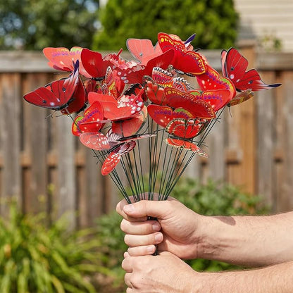 30PCS Red Butterfly Decor Artificial Butterflies for Outdoor Garden Decor | 3D Waterproof Double Layer Butterfly Decorative Garden Stakes for Flower Arrangements Outdoor Indoor Spring Decor