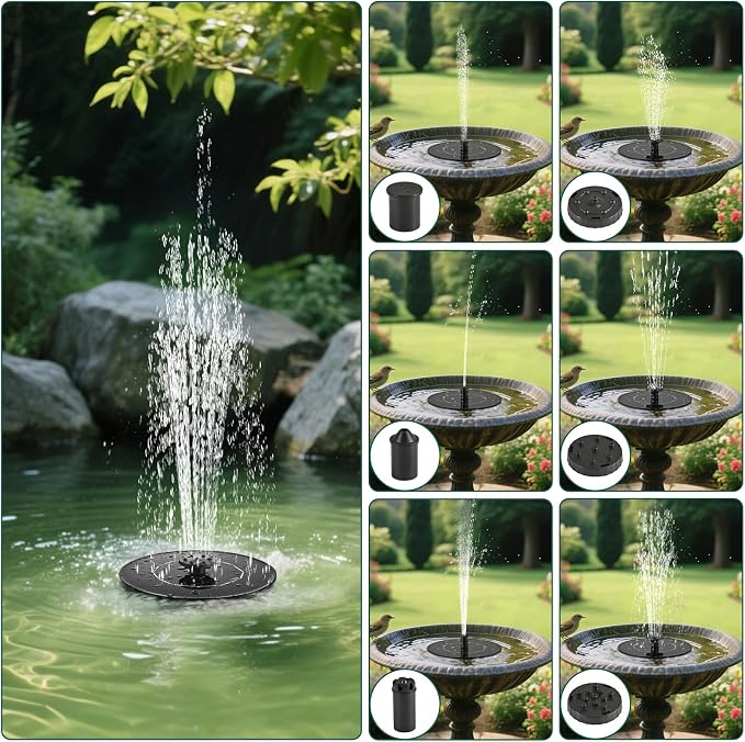 1.4W Solar Bird Bath Fountain Pump, Solar Fountain, Solar Powered Water Pump, Outdoor Water Fountain with 6-in-1 Nozzles, Free Standing Floating Solar Powered for Bird Bath, Pond, Pool, Outdoor