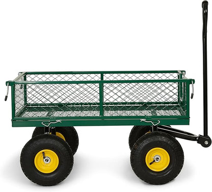 Backyard Expressions Heavy Duty Garden Cart 400 lb Utility Wagon Cart with Removable Mesh Sides, Powder-Coated Steel Bed, Pneumatic Tires, Pull Handle Yard Cart