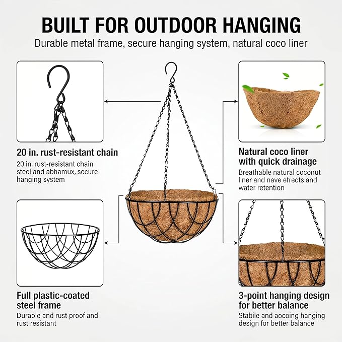 Kingbuy 10 Inch Metal Hanging Planter Basket with Coconut Fiber Liner Round Wire Hanging Plant Flower Pot for Home Garden Patio Decoration, Grid Pattern, 2 Pack