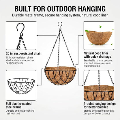 Kingbuy 10 Inch Metal Hanging Planter Basket with Coconut Fiber Liner Round Wire Hanging Plant Flower Pot for Home Garden Patio Decoration, Grid Pattern, 2 Pack