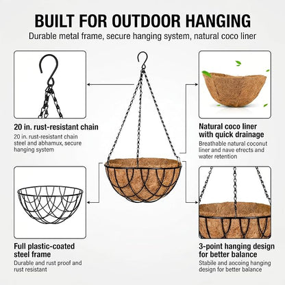 Kingbuy 12 Inch Metal Hanging Planter Basket 2 Pack - with Coconut Fiber Liners, Rustproof 3-Chain System, Quick Drainage for Indoor/Outdoor Window Balcony Patio, Weather-Resistant Coating