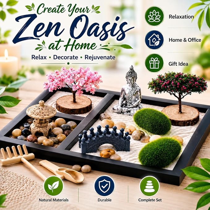 Zen Garden for Desk - Mini Tabletop Zen Garden with Buddha Decor | Black tray with Buddha, bridge, moss & pebbles. Decorative Zen display for office desks, shelves, meditation & home décor.